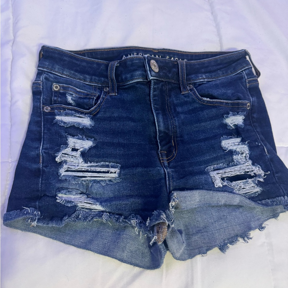 American Eagle Outfitters Dark Blue Distressed High-Rise Denim Shorts